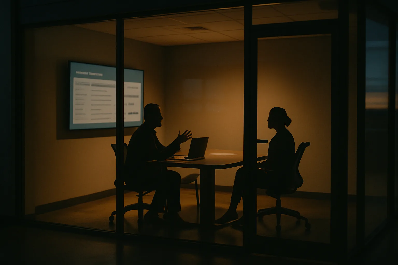 Silhouetted interview in a glass-walled meeting room at dusk with a candidate scorecard on the wall display