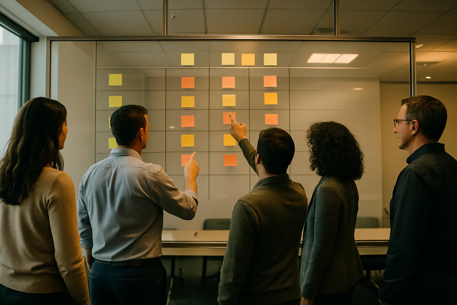 Hiring calibration meeting at a glass whiteboard with sticky-note scoring rubric