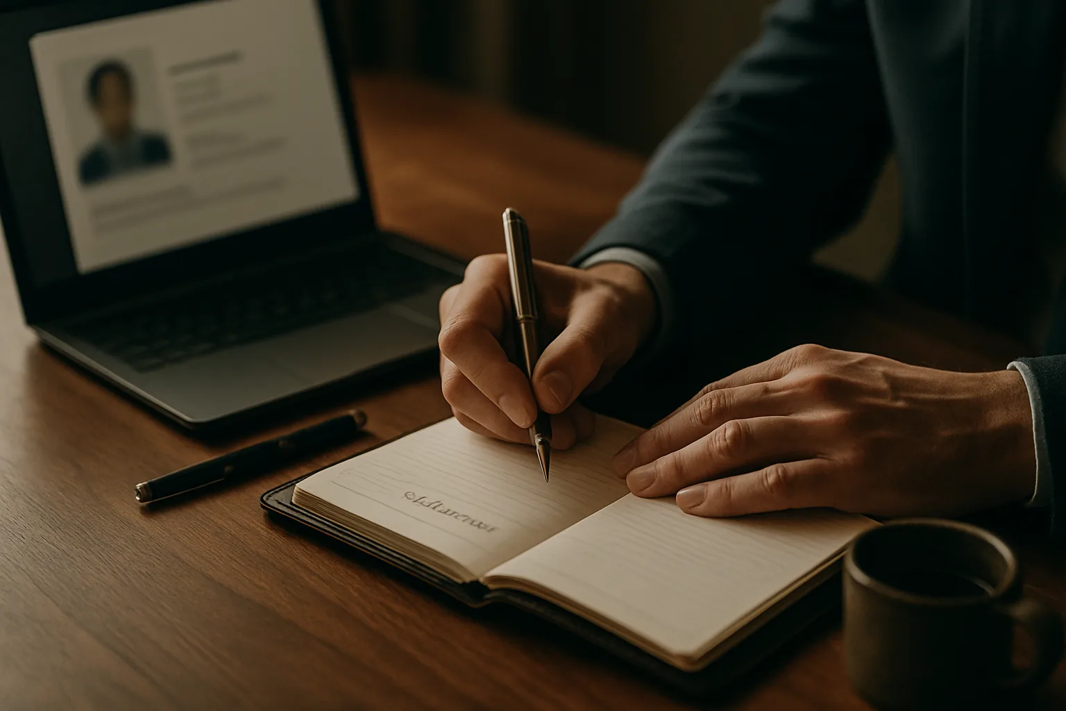 Close-up of a hiring manager writing in a scorecard notebook next to a candidate profile on a laptop
