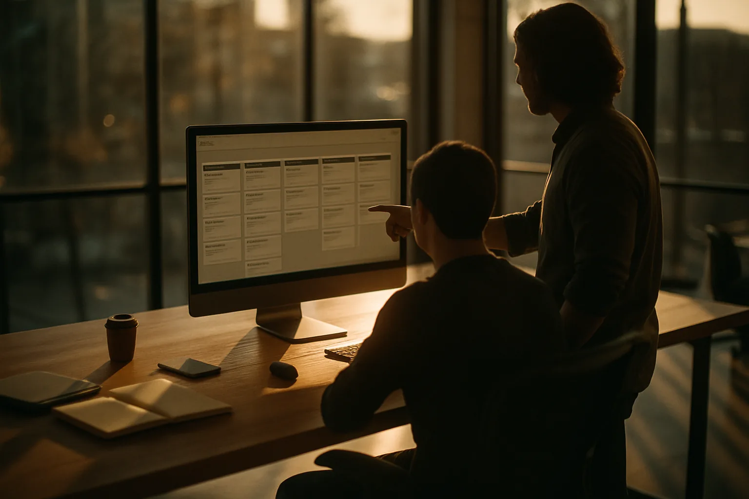 Talent-operations team collaborating at a monitor showing a pipeline kanban in golden-hour office light
